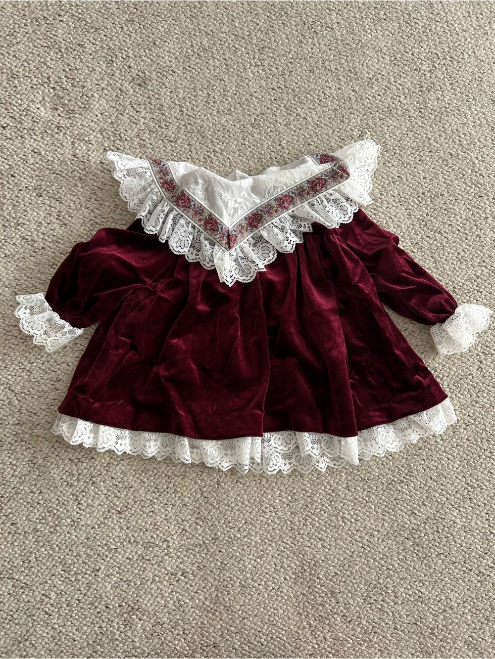 VINTAGE Harold Square Baby Burgundy Velvet Dress with White Lace and Floral Trim